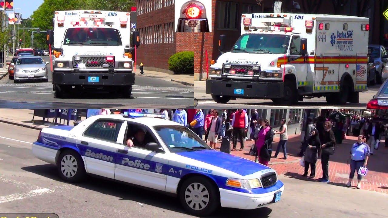 Police Cars and Ambulances Responding Lights and Sirens in Boston