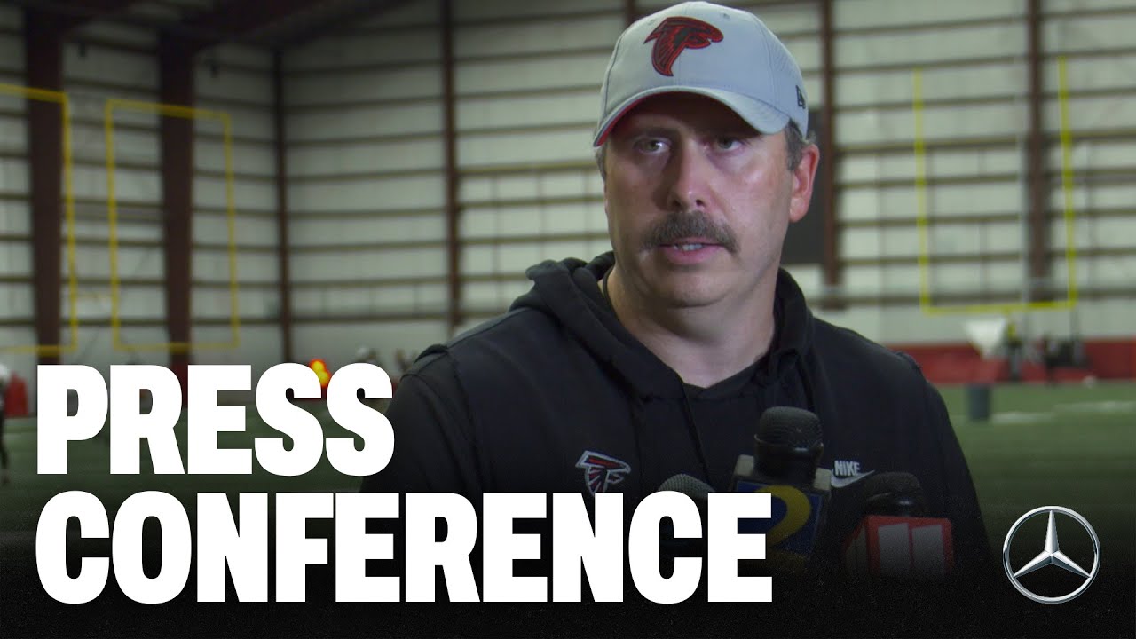 Arthur Smith speaks to media following Atlanta Falcons practice at AT&T Training Camp