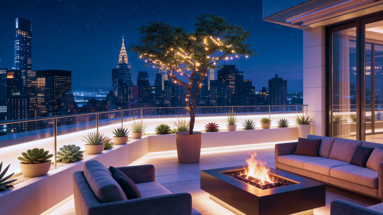 NYC Penthouse Terrace at Night I Smooth Jazz for Work & Relax | 2 Hours Luxury Ambience 4K