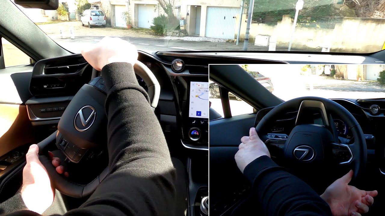 POV Lexus RZ with One Motion Grip. Steer by wire system with yoke. Lane Tracing Assist tight corners