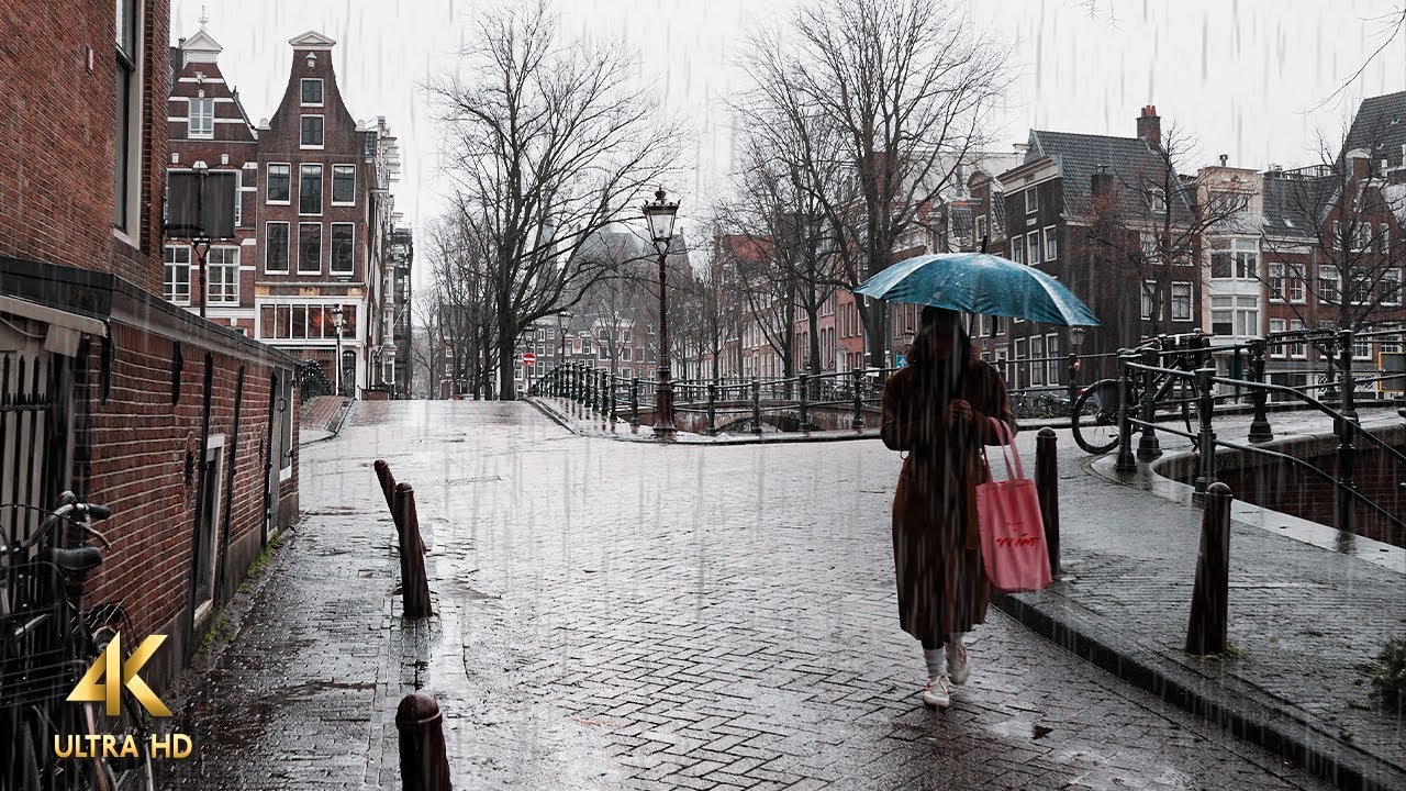 Rainy Walk, Canals of Amsterdam, 4K Relaxing #ASMR