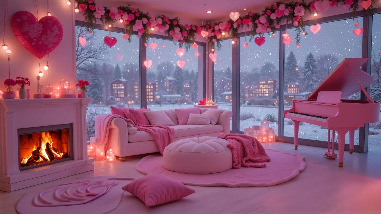 Pink Valentine Winter Fireplace ❄️💕 Soft Piano Music, Cozy Snowfall Ambience for Sleep, Relaxation