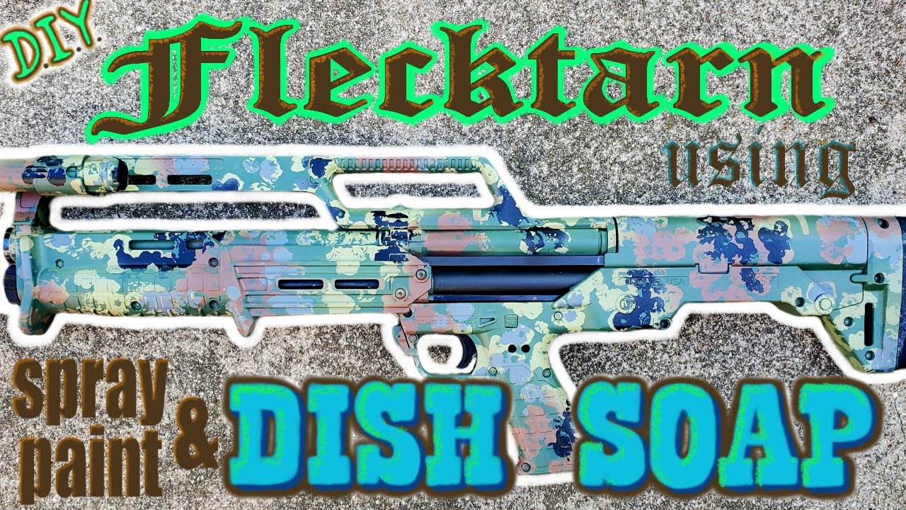 DIY Flecktarn Gun Camo, using dish soap and spray paint.