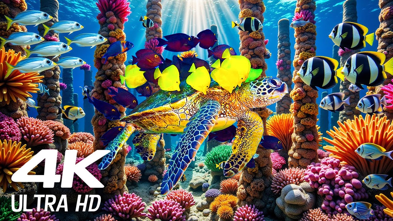 Relaxing Music  (NO MID-ROLL ADS) 4K Ocean Dreams - Colorful Coral Fish & Jellyfish