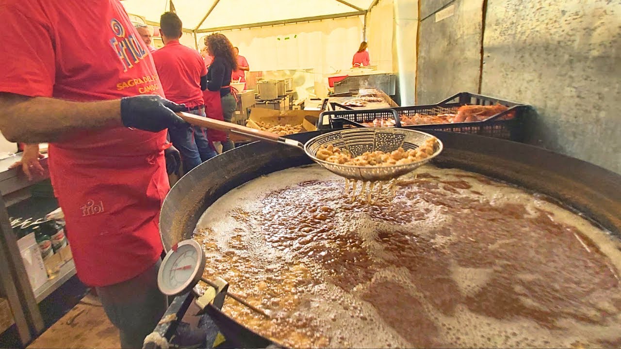 Italy Street Food. Huge Pans of Fried Fish & Seafood, Italian Pasta & more