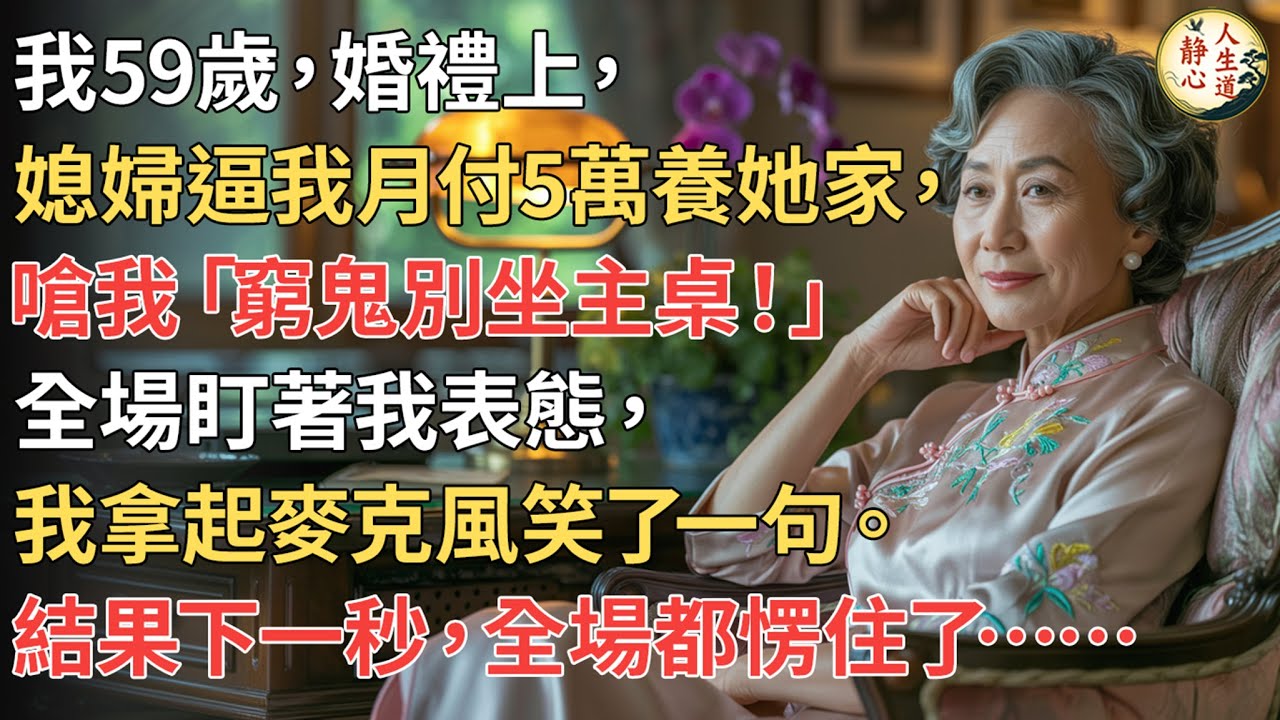 【我59歲】在兒子婚禮上，媳婦逼我每月交5萬養全家，還當眾嗆聲：「不付就別坐這桌！」全場盯著我表態，我拿起麥克風笑了一句。結果下一秒，全場都愣住了……