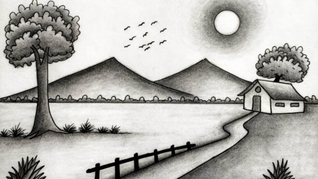 Pencil Shading Village Scenery with Sunset & Mountain | Step by Step Pencil Sketch Drawing 