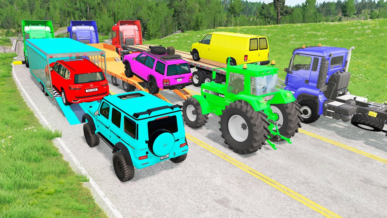 Triple Flatbed Trailer McQueen Transportation with Truck - Speedbumps vs Cars vs Train - BeamNG #13