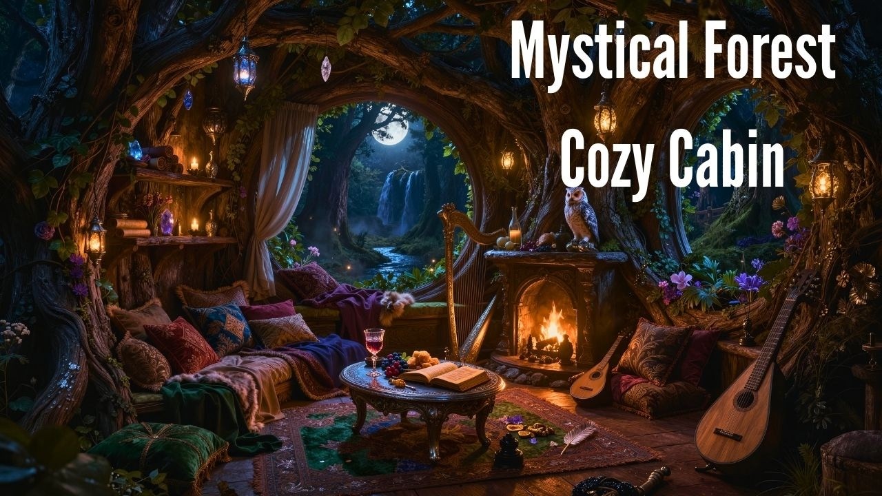 Mystical Forest Elven Cabin - Ambient Cozy Fire - Distant Waterfall - Summer Cricket