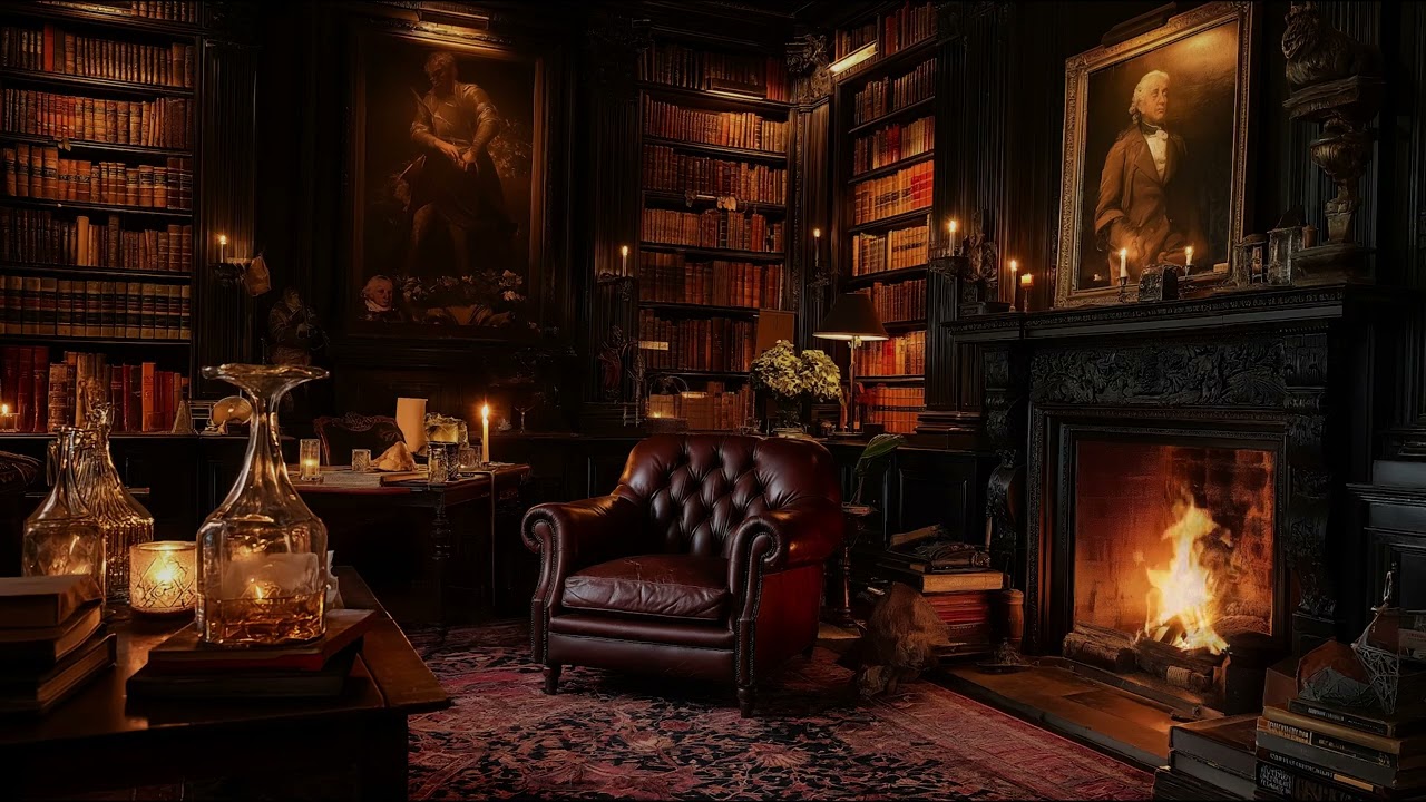 Relaxing Cozy Library with Crackling Fireplace for Peaceful Study, Focus, and Restful Sleep