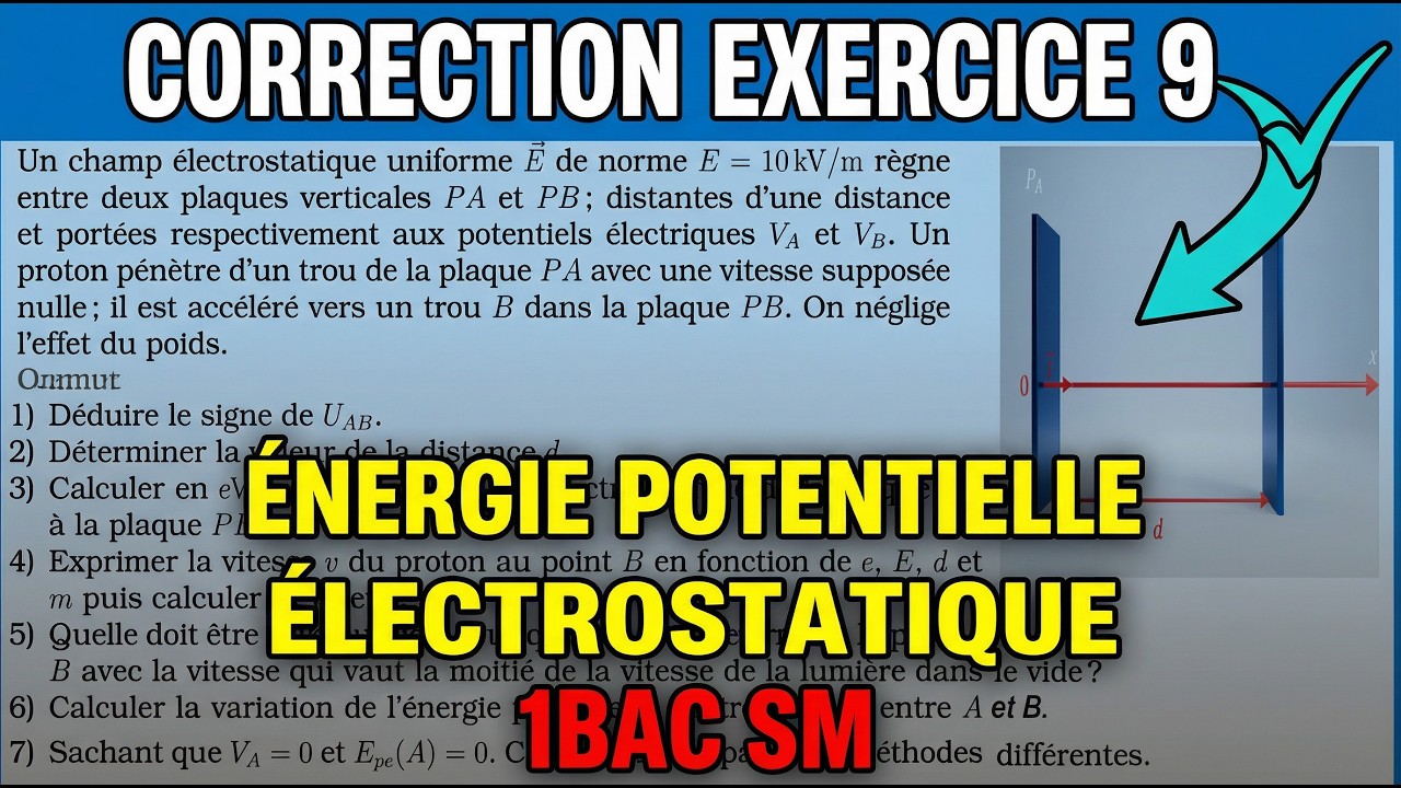 Correction Exercice 9 – Énergie Potentielle Électrostatique | 1ère Bac SM | Préparation Devoir 1