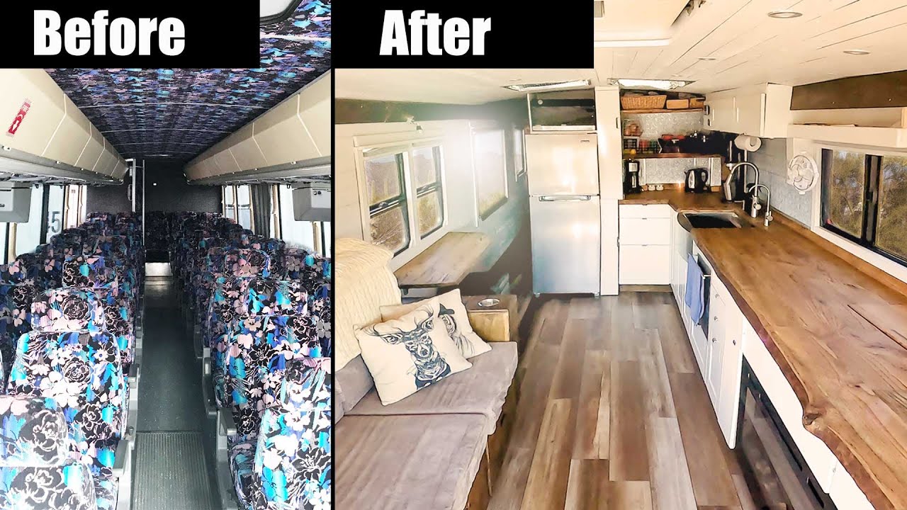 Bus Conversion Tour | Couple Builds Tiny Dream Home in Coach Skoolie for Off Grid RV Living S05E16