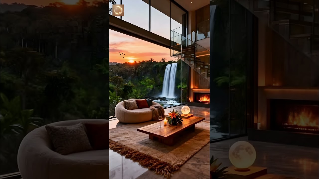 Rainforest Jazz at Sunset 🌿 Fireplace, Birds & Gentle Waterfall Sounds 