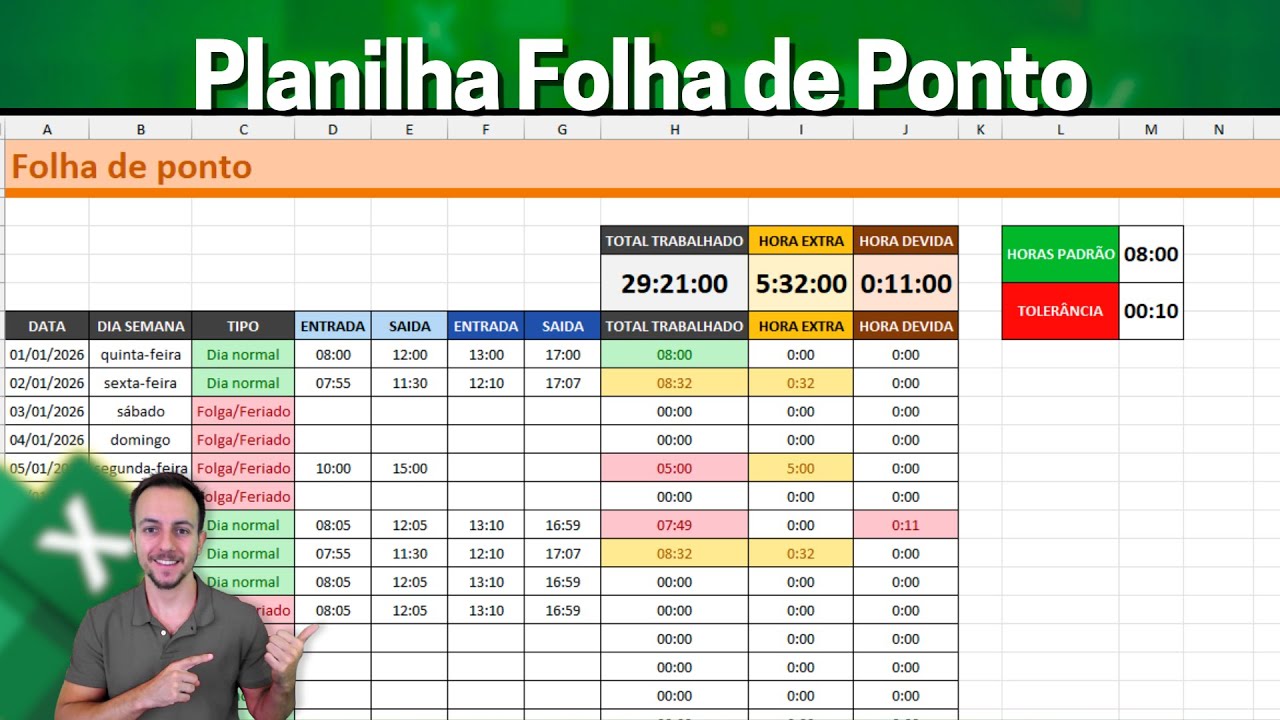 Planilha Folha de Ponto com Feriados, Dias de folga, Horas extra... Como Fazer Excel