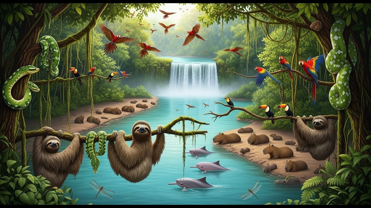 Relaxing Walk in the Amazon: Ancient Waterfall | Sloth, Tree Boa & Jungle Echoes
