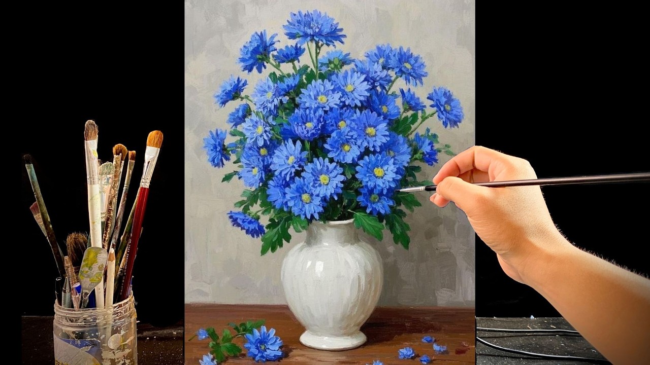 🎨 Painting Blue Daisy Flowers in a White Vase | Relaxing Acrylic Still Life Tutorial| #156