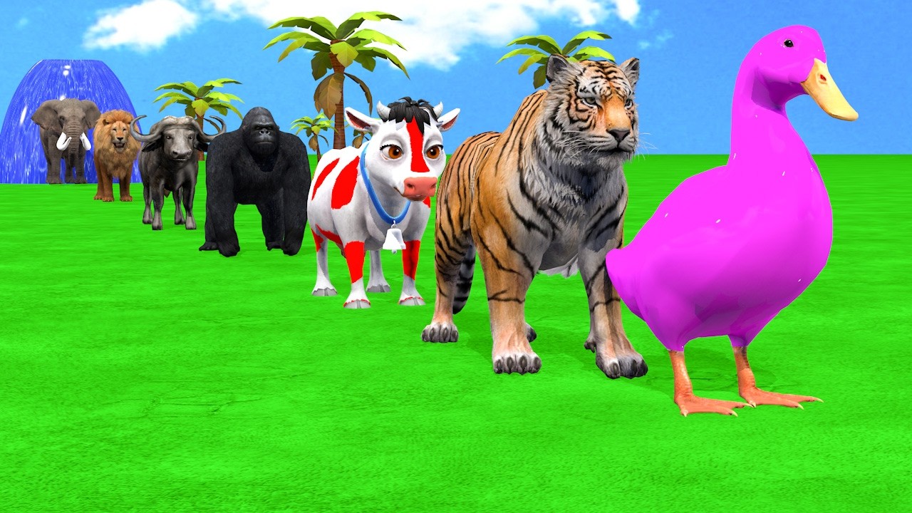 Long Slide Game With Cow Elephant Gorilla Hippopotamus Tiger - 3d Animal Game - Funny 3d Animals