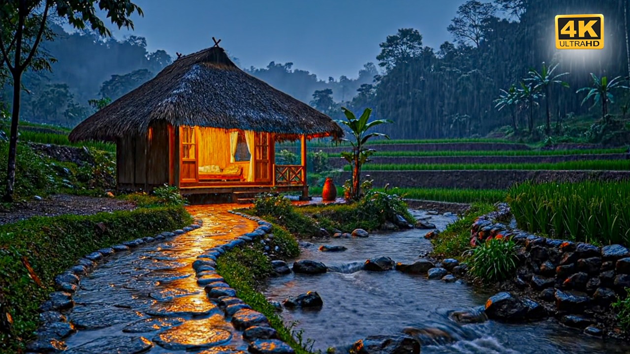 Authentic Indonesian Rural Rain Ambience: Traditional Straw Roof Hut and Calming River Canal Sound