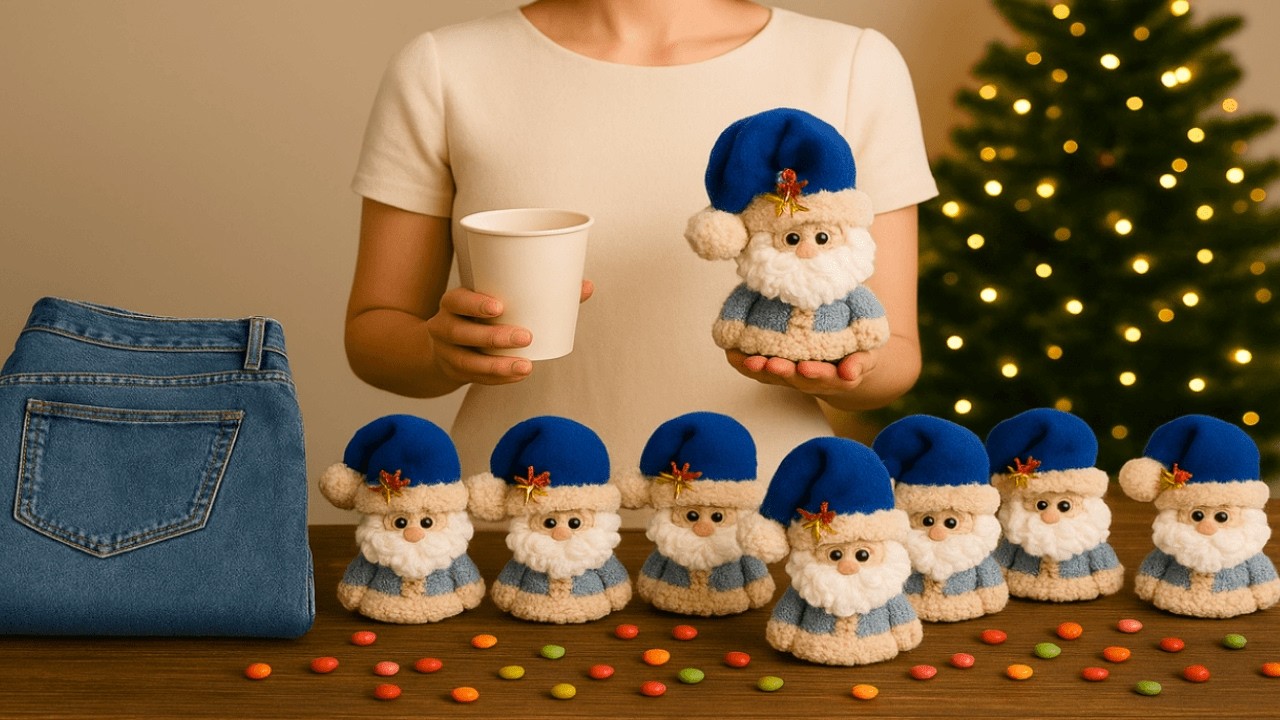 Очень простой и милый Дед Мороз 🎅Из старых джинсов и картонного стаканчика🌲Рождественское украшение🎁
