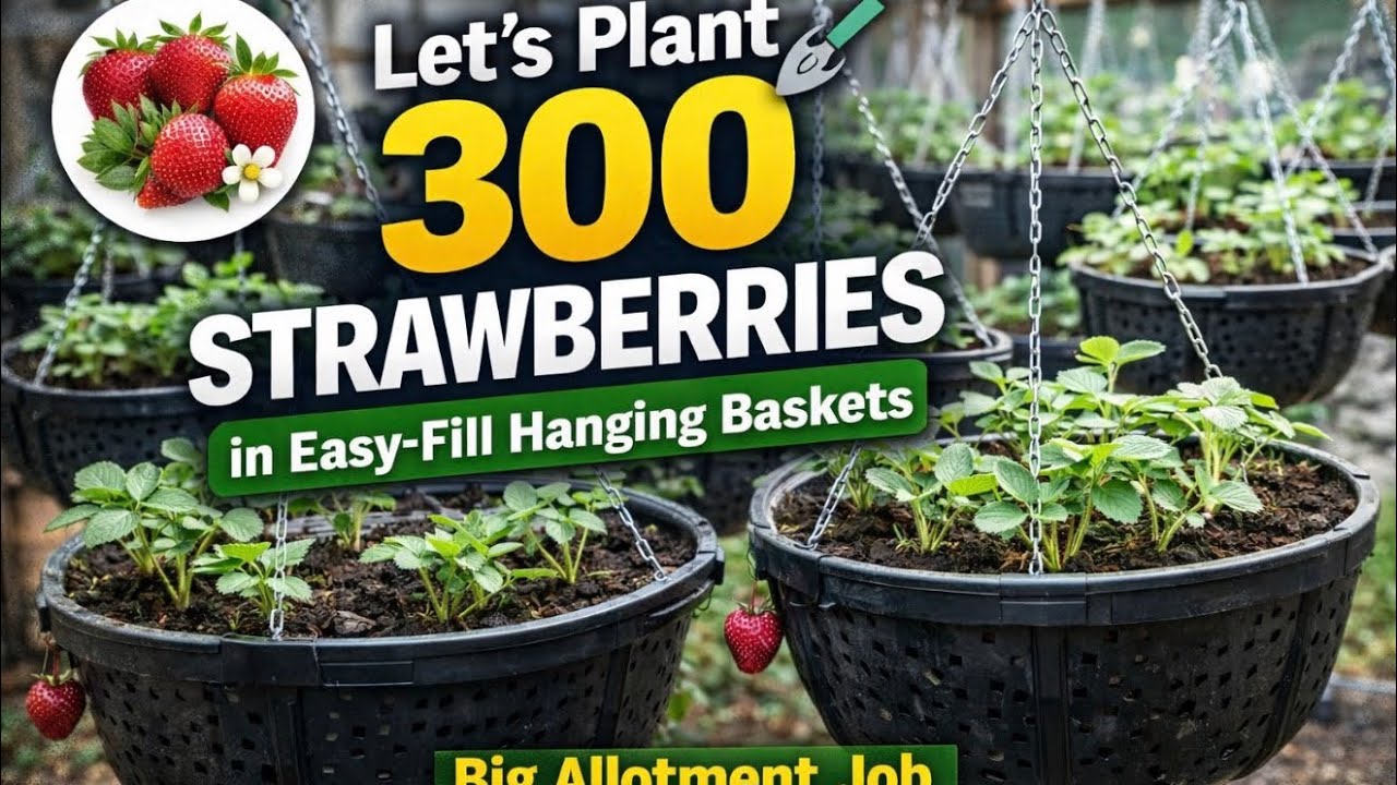 🎥 🍓🌿 Let’s Plant 300 Strawberries in Easy-Fill Hanging Baskets | Big Allotment Job