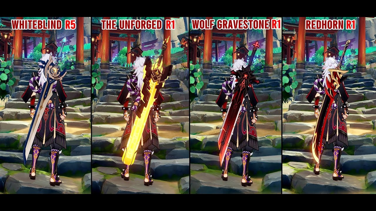 Arataki Itto - Whiteblind R5 vs The Unforged vs Wolf Gravestone vs Redhorn - Weapon Comparison