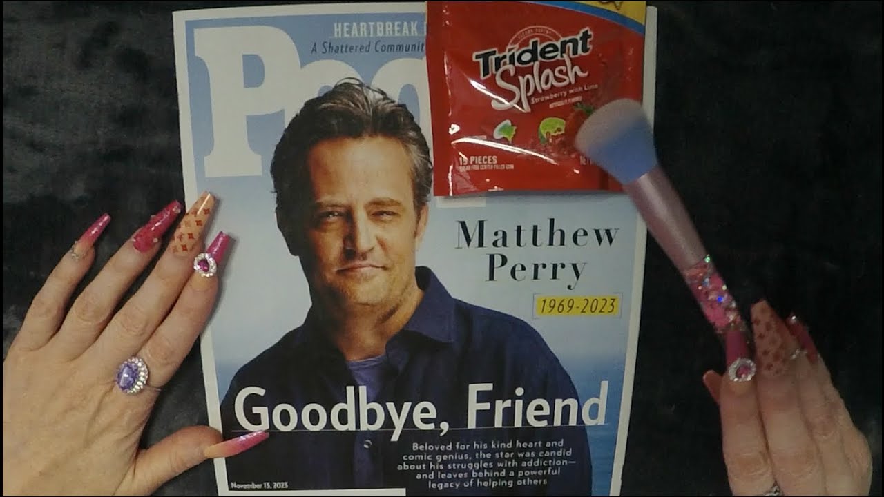 ASMR Gum Chewing Magazine Flip Through | Matthew Perry People | Whispered Page Turning