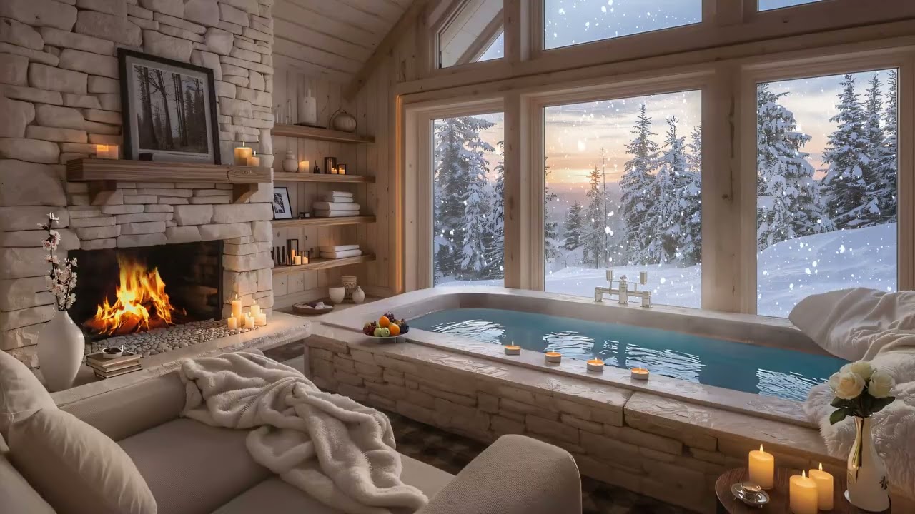 Warm Winter Cabin at Sunset ❄️🔥 Soft Piano & Fireplace Sounds for Relaxation