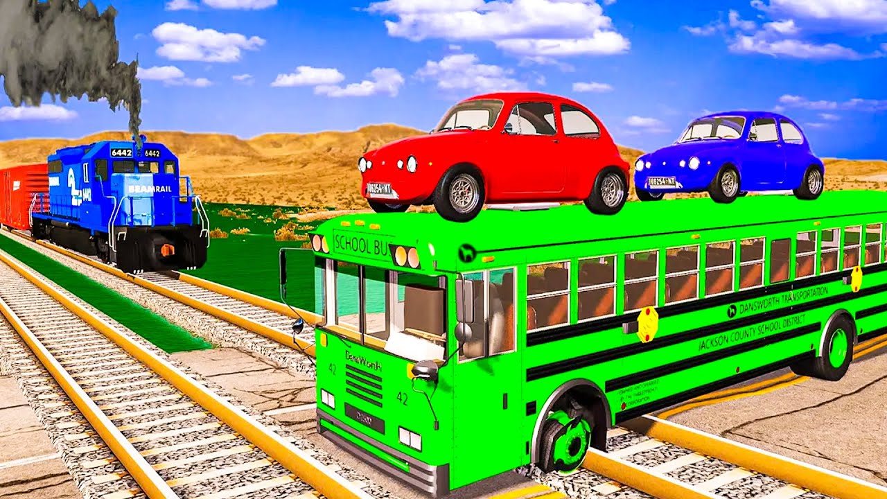 Flatbed Trailer Tractor Truck Rescue Bus | Train vs Car-Loaded School Bus on Tracks! BeamNG.Drive