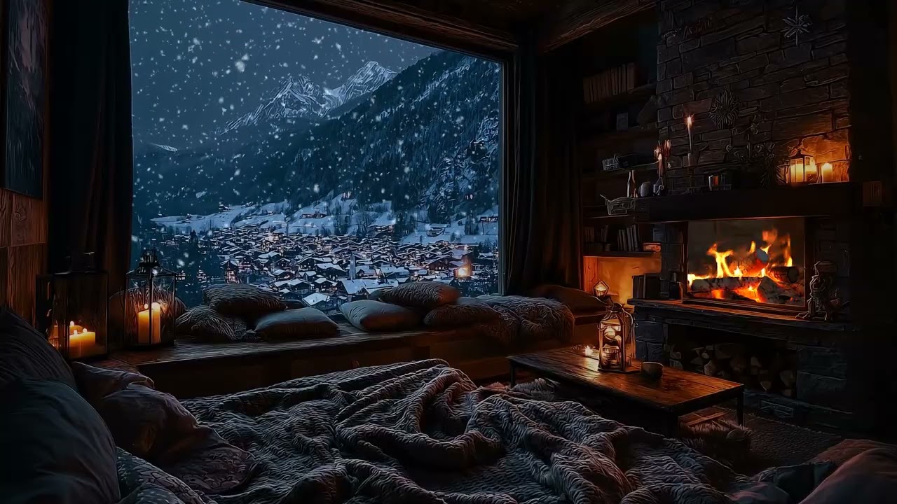(No Ads) Winter Wind and Fireplace Glow | Cozy Slow Night Ambience for Rest