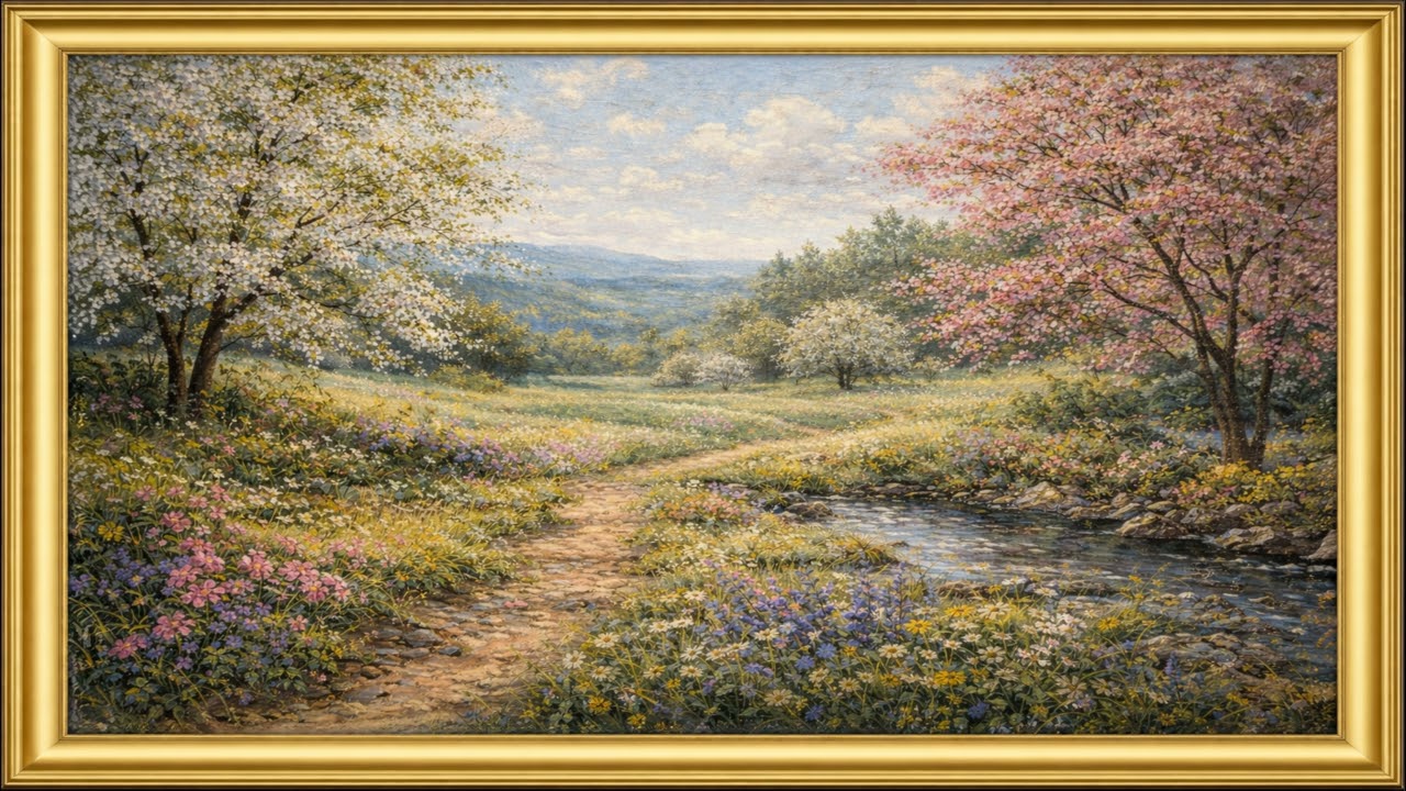 (4K) Flower Valley Acrylic Painting | Gold Frame TV Art | TV Screensaver | 1 Hour