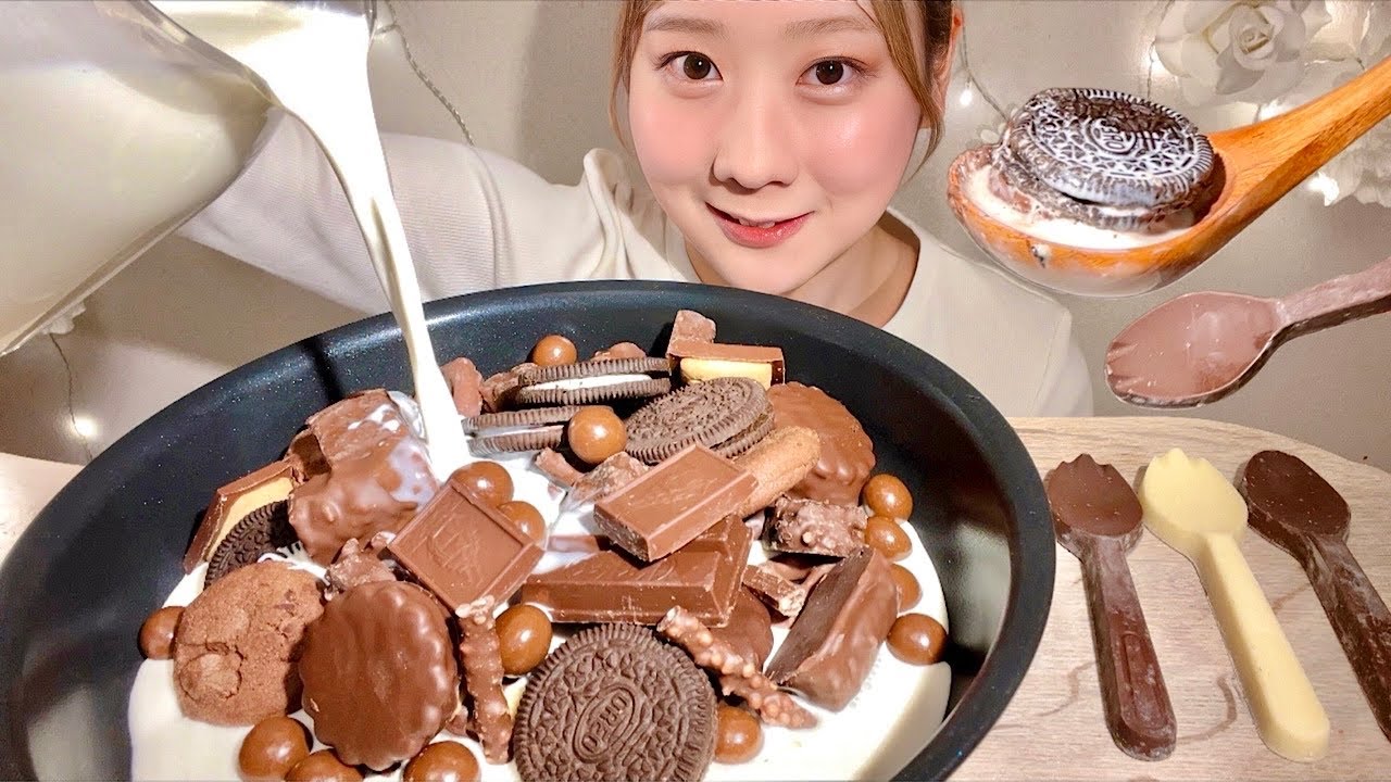 ASMR Японские шоколадные сладости &times; Тёплые сливки 【русские субтитры】【Mukbang/ Eating Sounds】