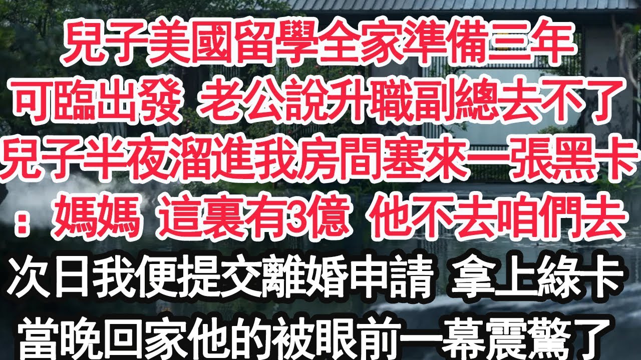 兒子美國留學全家準備三年可臨出發 老公說升職副總去不了兒子半夜溜進我房間塞來一張黑卡：媽媽 這裏有3億 他不去咱們去次日我便提交離婚申請 拿上綠卡當晚回家他的被眼前一幕震驚了【顧亞男】【大女主】