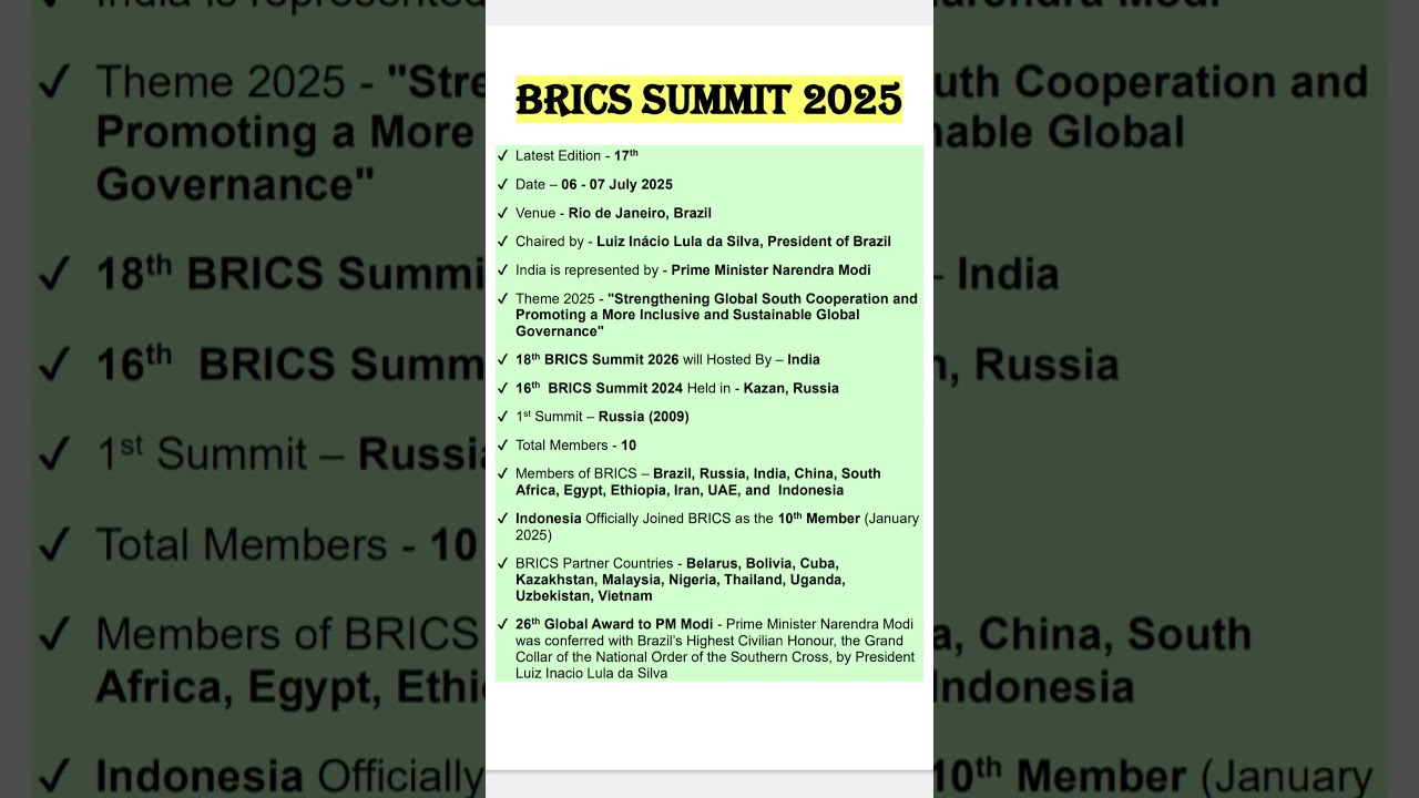 BRICS Summit 2025 | Summits and Conference 2025 Current Affairs | Important Summits 2025 | BRICS