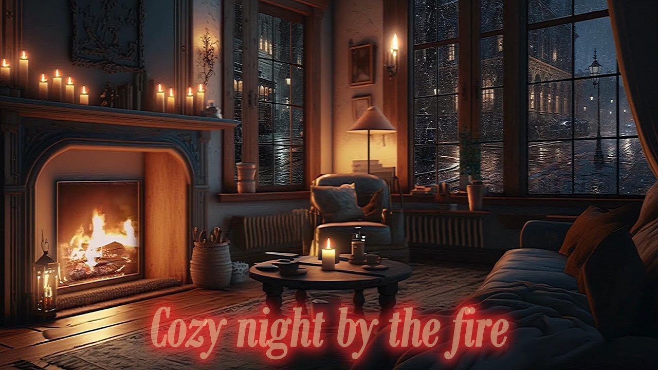 Rainy night by the fireplace; Cozy room ambiance with Candlelight & Crackling Fire