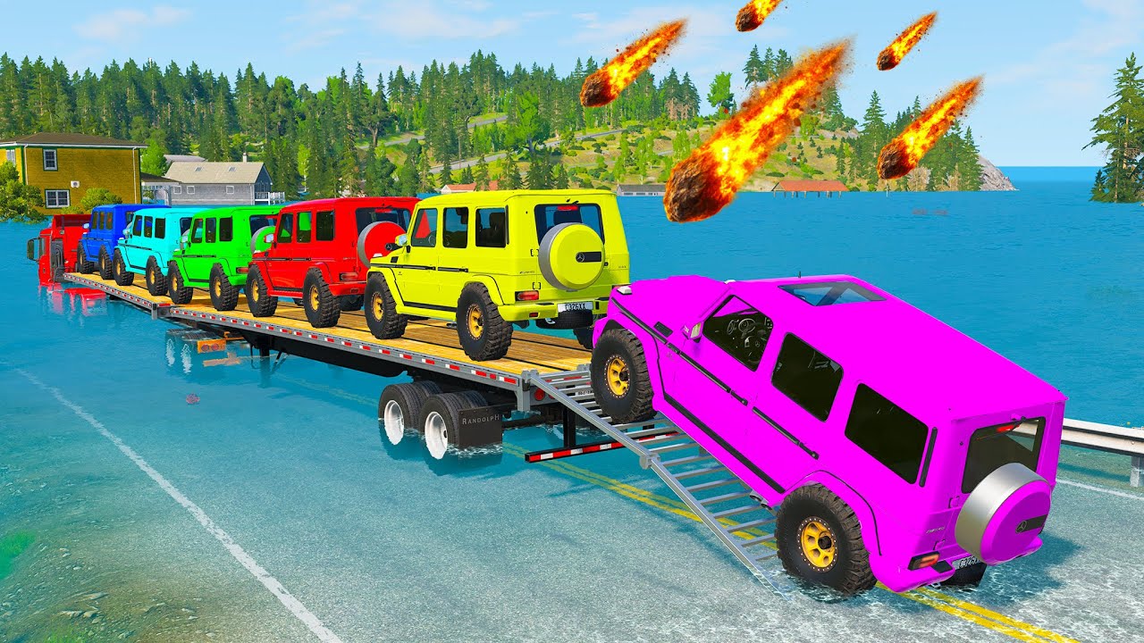 Triple Flatbed Trailer McQueen Transportation with Truck - Speedbumps vs Cars vs Train - BeamNG # 5