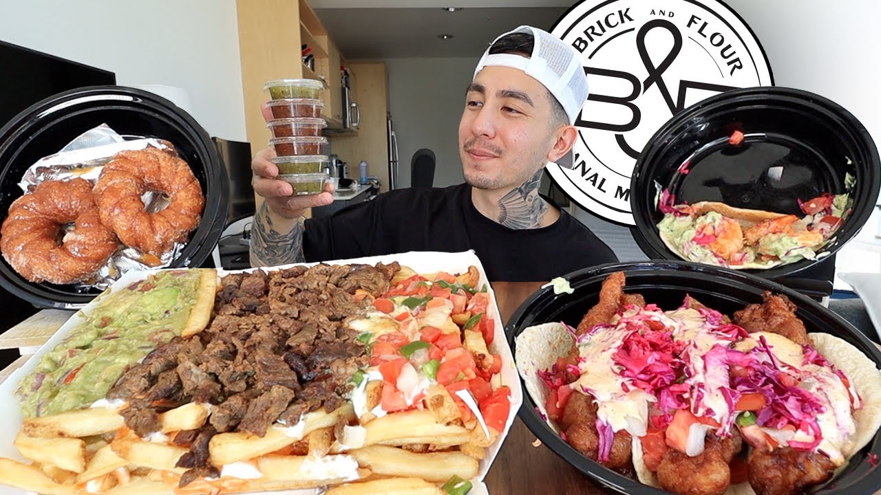 MUKBANG EATING Carne Asada Fries, Churro Donuts, Fried Fish Tacos From Brick & Flour