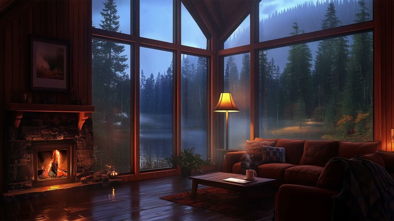 Cozy Rainy Cabin Night 🌧️ Fireplace Crackling & Distant Thunder for Deep Sleep