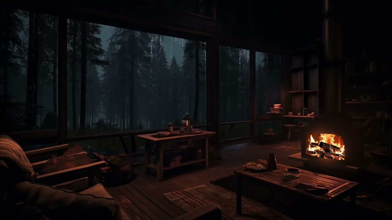 🌧️🌙 Gentle Night Rain, Distant Thunder ⚡🔥 Cozy Fireplace  Calm Your Mind & Sleep Deep