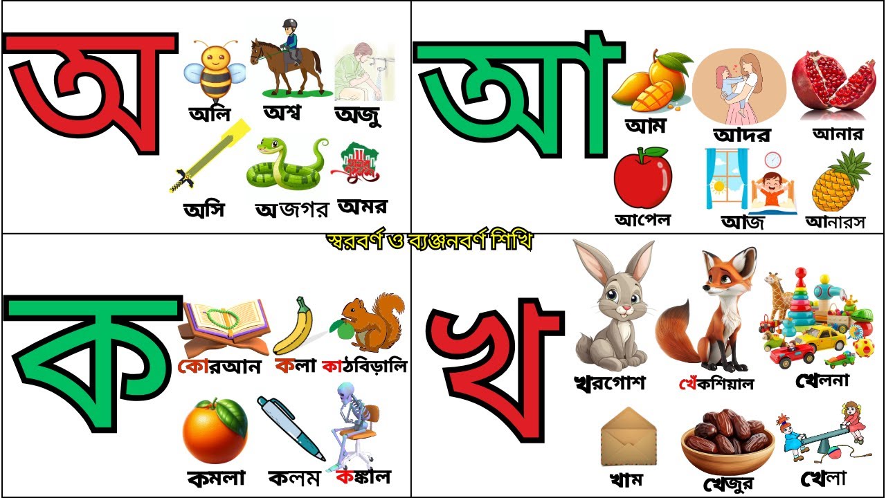 অ তে অলি, অজগর | আ তে আম আনারস | ক তে কাঠবিড়ালি, কাকাতুয়া | খ তে খেঁকশিয়াল,  খরগোশ