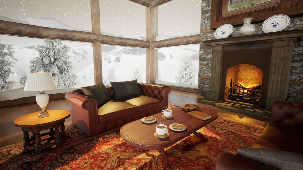 Snowy Mountain Lodge - 3 Hours of Relaxing Ambience, Snowfall, Crackling Fire, Mountains, Cosy, Snow