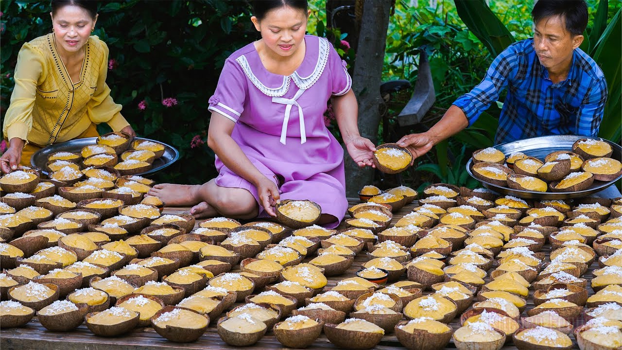 Extra Long Process Making Amazing Traditional Palm Cake in 330 Coconut Bowl - Cooking Khmer Cake