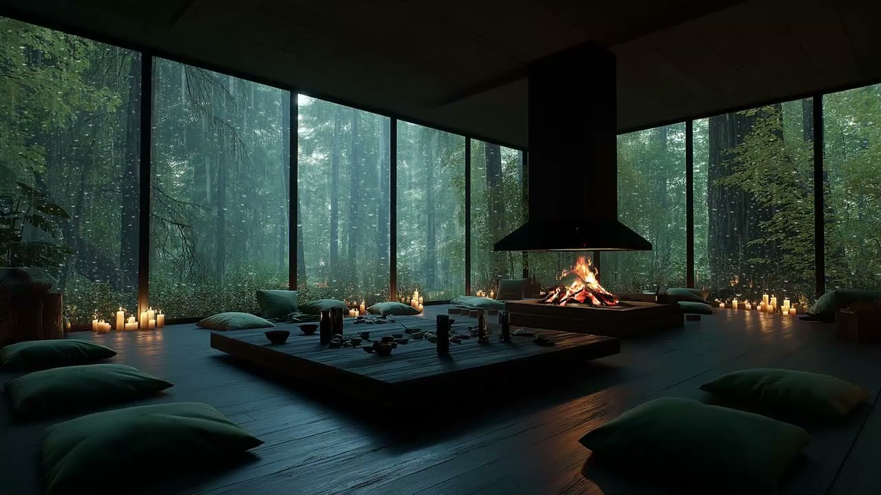 Gentle Rain on Glass ❄️ Relaxing Fireplace ASMR (3 Hours)