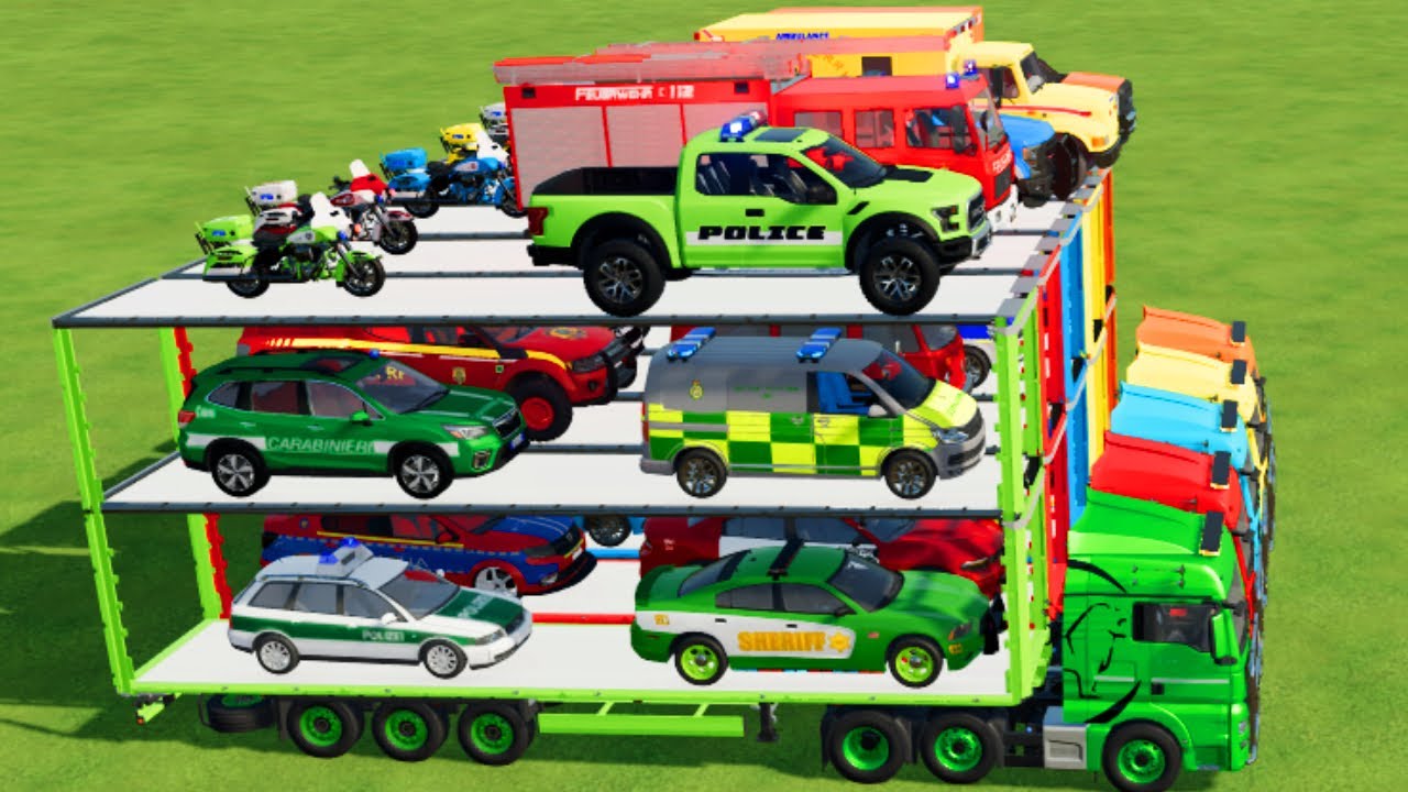 LOAD & TRANSPORT AMBULANCE, CARS, FIRE TRUCK, POLICE CARS, BUS, JEEP, MOTORBIKE-Farming Simulator 22