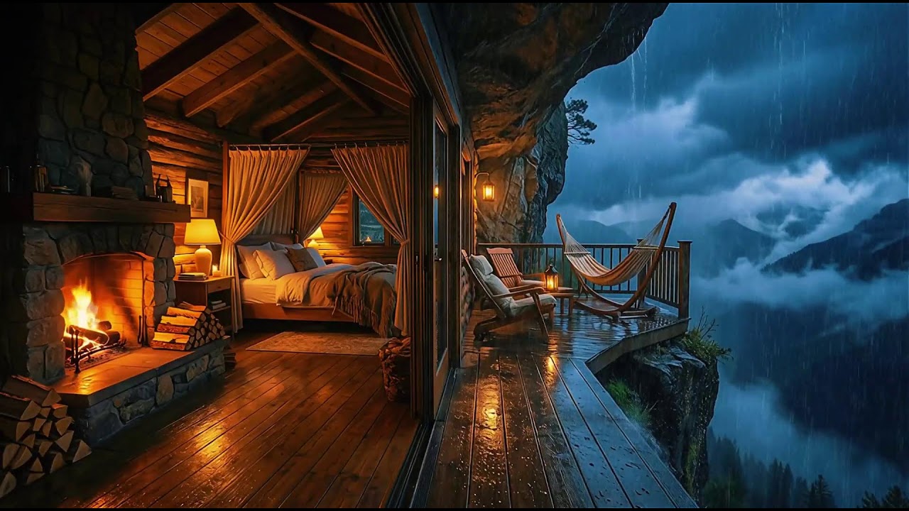 12 HOURS NO ADS   Mountain Cabin Rain & Fireplace   Mountain ASMR Relaxation