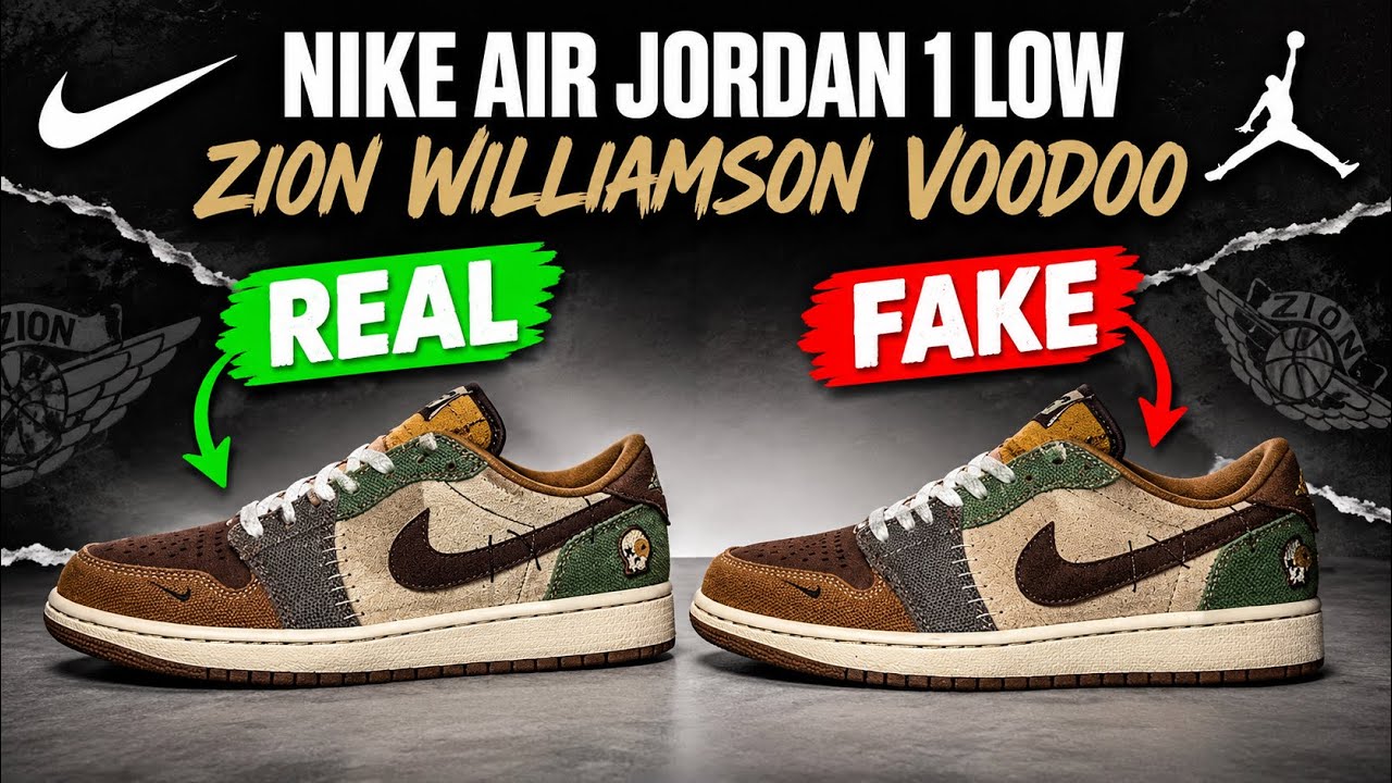 Сравнение настоящих и поддельных кроссовок NIKE AIR JORDAN 1 RETRO LOW OG ZION WILLIAMSON VOODOO