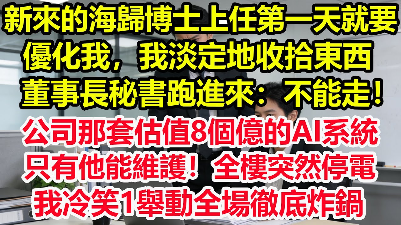新來的海歸博士上任第一天就要優化我，我淡定地收拾東西，董事長秘書跑進來：不能走！公司那套估值8個億的AI系統，只有他能維護！全樓突然停電，我冷笑1舉動全場徹底炸鍋！#情感 #爽文 #職場 #生活