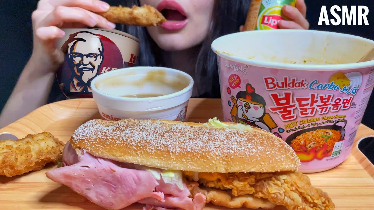 ASMR KFC CHICKEN BURGER + KOREAN NOODLES MUKBANG (No Talking)