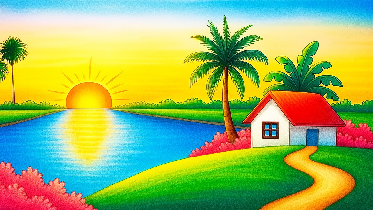 How to Draw a Realistic Village Sunset Scenery in 10 Minutes | Easy Oil Pastel Drawing Tutorial