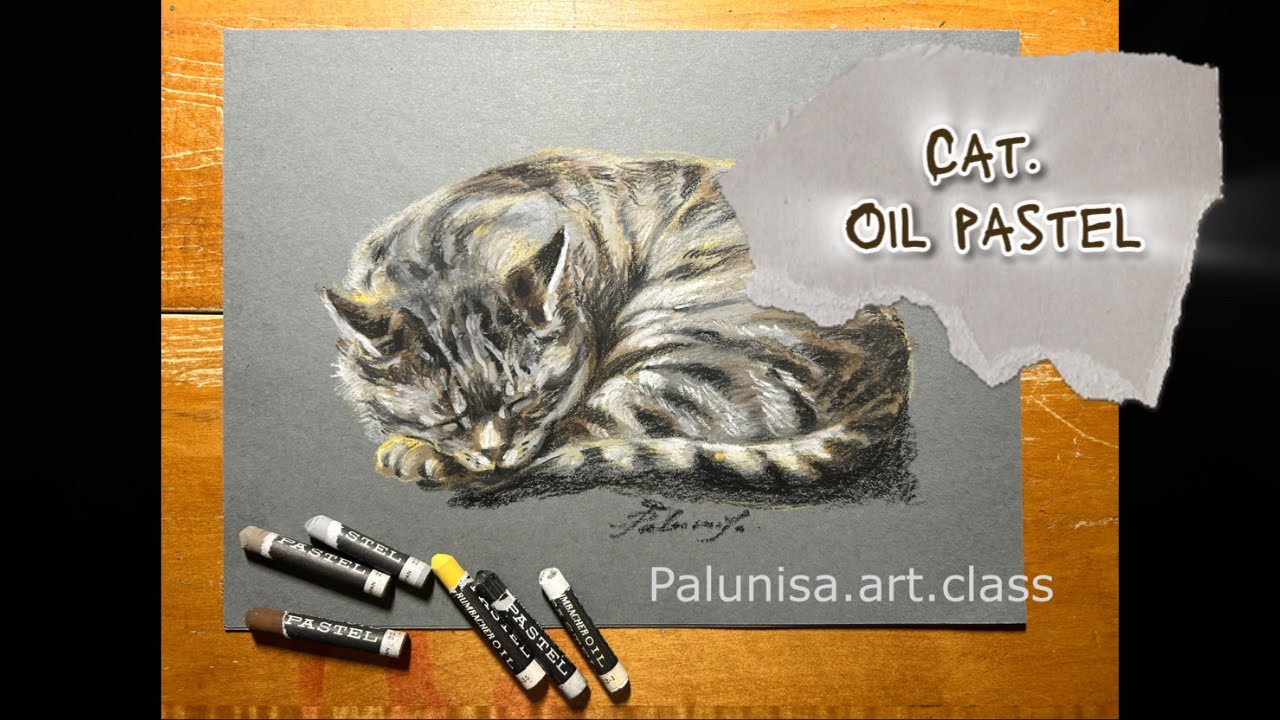 Cat. Oil pastel. Як намаляваць пярэстага коціка алейнымі пастэлямі. 