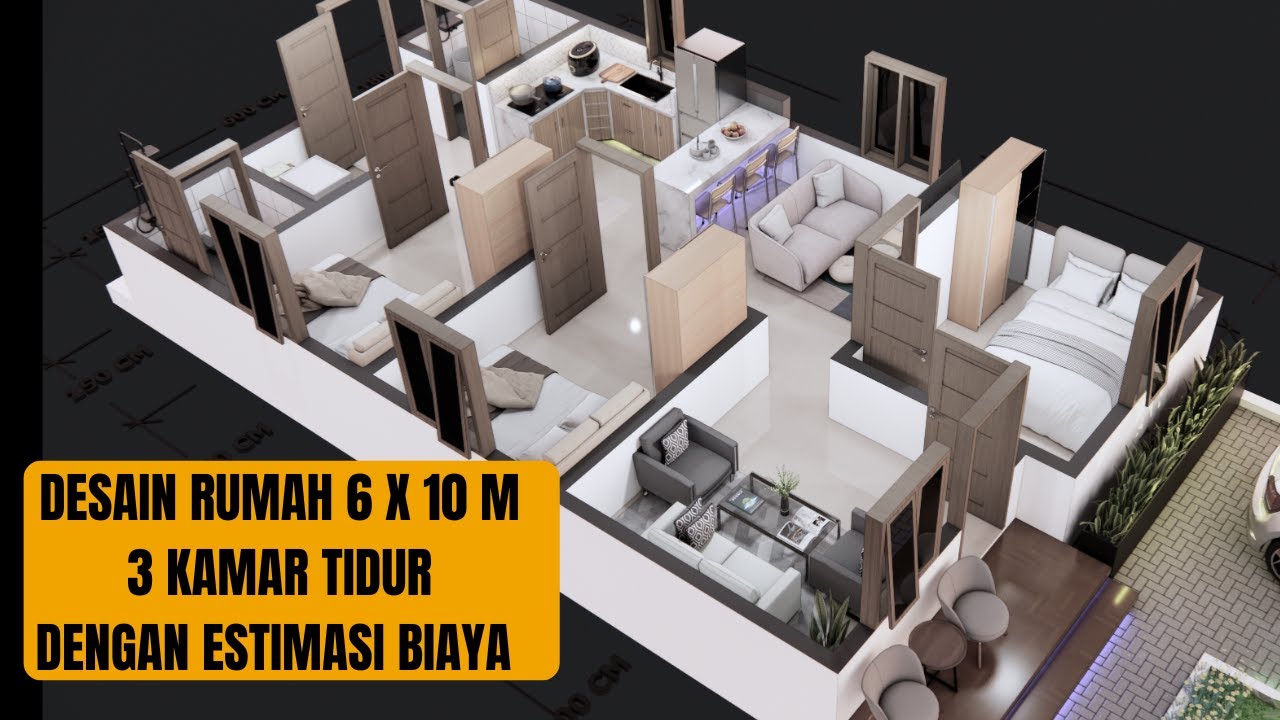 Desain Rumah 6x10 Meter, 3 Kamar Tidur dengan Estimasi Biaya